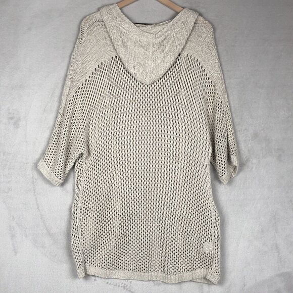 EDDIE BAUER Linen Cotton Open Cardigan Sweater Sz M Oatmeal Knit Pockets Hooded - Picture 6 of 12
